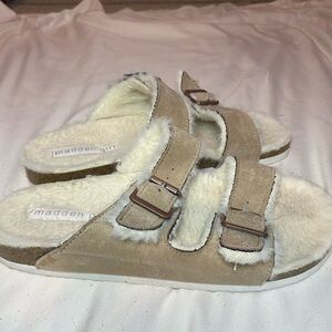 Madden Girl Beige Fuzzy Slide Sandals